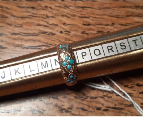 Victorian 9ct gold and turquoise set 'Mizpah' ring, size O, one turquoise missing