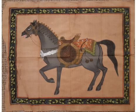 Early 20th Century Indian gouache on silk, Study of a Hunting / War horse, 50cm x 62cm, creased, fair condition