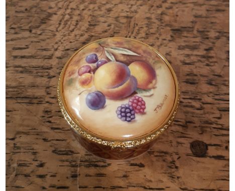 Royal Worcester bone china 'Fruit Study' circular trinket box, the lid painted by J. Bowman, 6.5cm diameter x 3.5cm high, No.