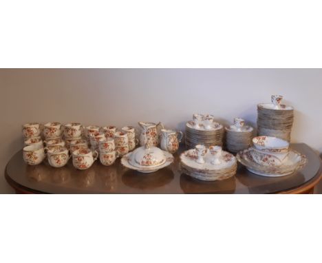 Extensive early 20th Century M. Redon Limoges porcelain tea and dinner service for 12 place settings, printed in red and gild