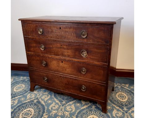 19th Century figured mahogany chest of drawers,original gilded octagonal handles, splayed bracket feet, 104cm wide x 52cm dee