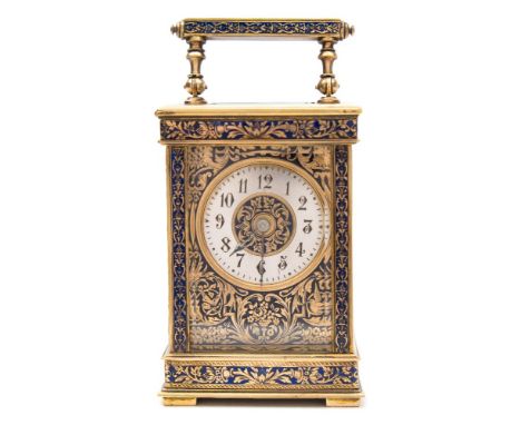 A French enamelled carriage clock: the eight-day duration timepiece movement having a platform lever escapement, the Anglaise