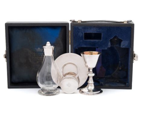 An Elizabeth II four piece travelling communion set, maker F Osborne &amp; Co Ltd, London, 1960: the silver chalice of tradit