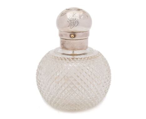 A Victorian clear glass and silver mounted atomiser scent bottle, maker George Brace, London, 1883: of globular form with pus