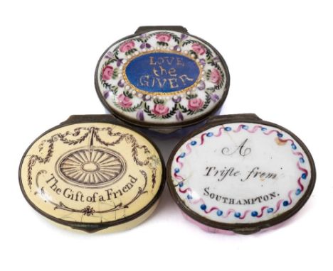 A group of three English enamel oval patch boxes:  'A Trifle from Southampton', 'Love the Giver' and 'The Gift of a Friend', 
