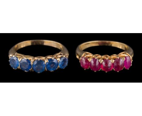 A gold and sapphire five-stone half-hoop ring: and a cabochon ruby five-stone ring, both ring size T 1/2.