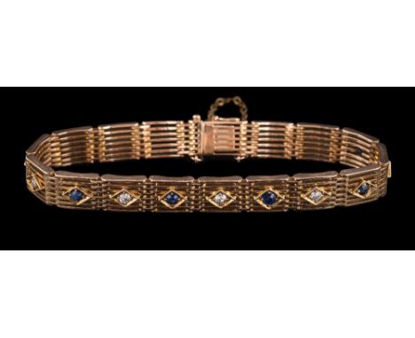 An Edwardian sapphire and diamond seven-bar gate-link bracelet: each link set with either a single round old, brilliant-cut d