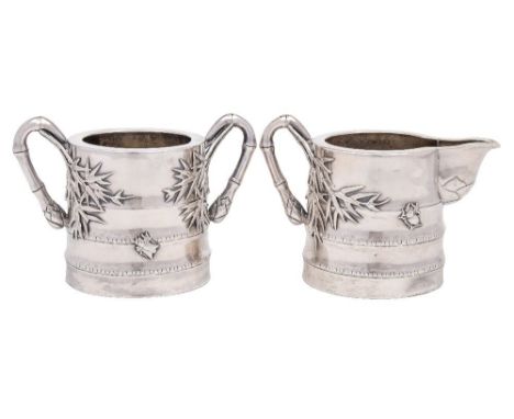 An early 20th century Chinese silver cream jug, maker Wang Hing & Co., Hong Kong: of cylindrical outline, with simulated bamb