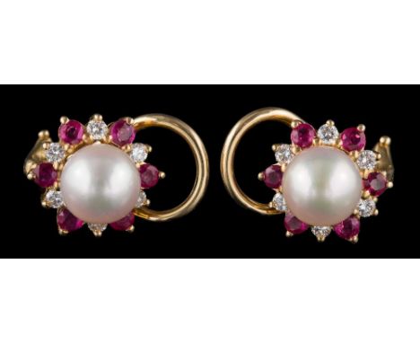 A pair of ruby, diamond and cultured pearl ear-clips: each with a central cultured pearl 7mm diameter within a surround of ci