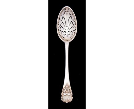 A mid 19th century Dutch silver Hanoverian and shell pattern straining spoon, maker HA: crested, with pierced oval bowl and s