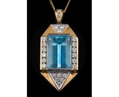 An aquamarine and diamond pendant: with central step-cut aquamarine approximately 17.4mm long x 11.2mm wide between rows  and