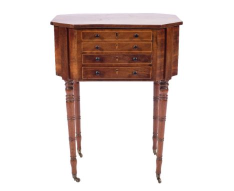 A Regency mahogany and inlaid octagonal work table:, bordered with boxwood lines, the hinged top enclosing a box interior, ha