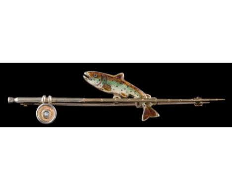 A 9ct gold and enamelled 'leaping salmon' motif bar brooch: in the form of a fishing rod, the salmon and bar both hall marked