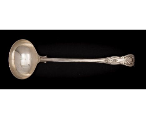 A Victorian silver Kings pattern soup ladle, maker Thomas Bowley, London, 1900: with diamond and shell heel, 33.5cm. long, 32