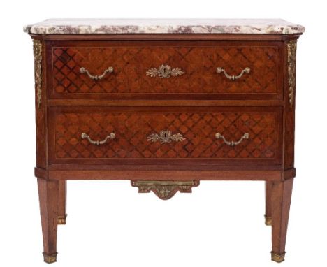A 19th Century French mahogany, parquetry and gilt metal mounted rectangular commode:, surmounted by a panel of breche violet