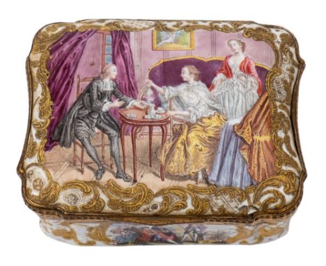 A fine 18th century German enamel snuff box: of shaped rectangular form with gilt-metal mounts, the hinged lid decorated with