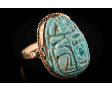 A faience scarab beetle bead mounted ring:.