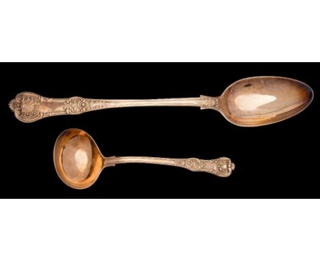A Victorian silver gilt Kings pattern basting spoon, maker George Adams, London, 1845:  31cm. long, together with a Victorian