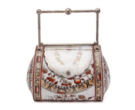 A late 19th century e.p. mounted ceramic biscuitiere: in the Christopher Dresser style, of  handbag outline with ball and rai
