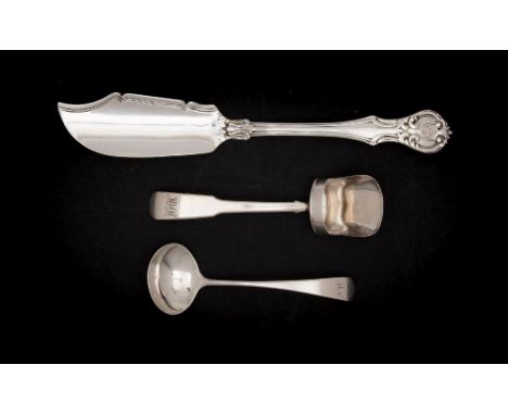 A Victorian silver butter knife, maker's mark worn, London , 1861: crested, together with an Old English pattern sauce ladle 