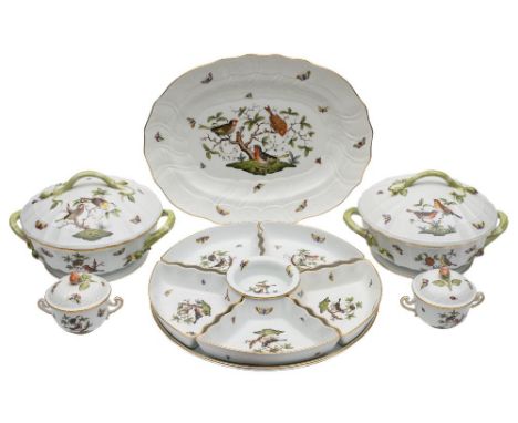 An extensive Herend porcelain part dinner service: decorated in the 'Rothschild Bird' pattern of birds, scattered butterflies