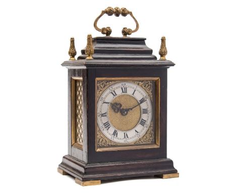 A miniature ebonised bracket clock: the French eight-day duration timepiece movement having a platform lever escapement, the 