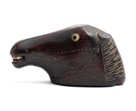 An unusual late George III carved rosewood snuff box in the form of a horse's head: with sliding lid,  inlaid in bone and piq