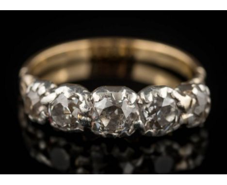 A diamond mounted five-stone, half-hoop ring: in late 18th century style with cushion-shaped old brilliant-cut diamonds appro