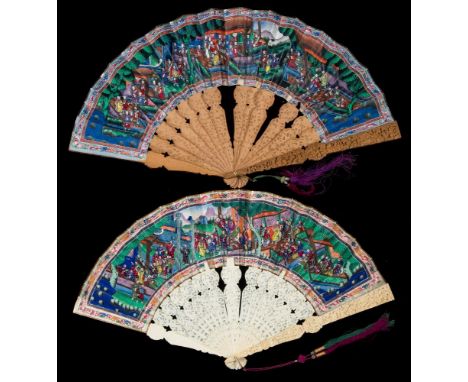 A 19th century Cantonese carved ivory 'Thousand faces' fan: with carved ivory sticks and guards, the paper leaf decorated wit