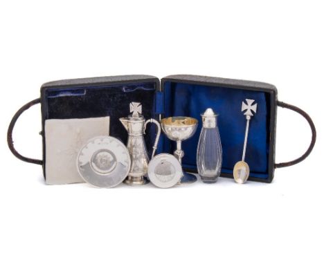 A 20th century matched six piece travelling communion set, various makers and dates: includes chalice, paten, pyx, wine ewer 