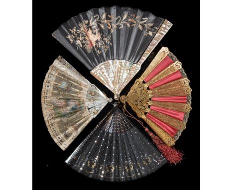 A 19th century mother of pearl and machine lace fan: the leaf with central printed cartouche of a sleeping maiden enclosed wi