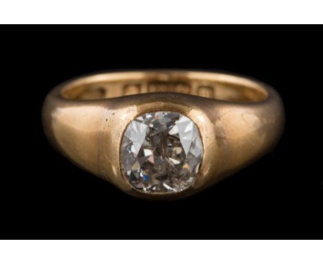 A gentleman's 18ct gold and diamond single-stone ring: the cushion-shaped old brilliant-cut diamond approximately 8mm long x 