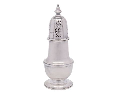A George V silver sugar caster, maker Atkin Brothers, Sheffield, 1938: of urn shaped outline, the pierced screw top lid with 