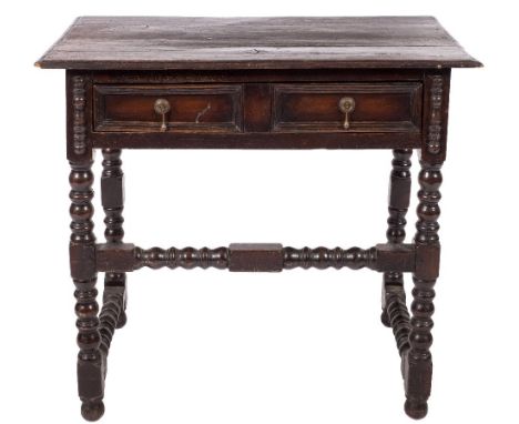 An oak rectangular side table in the 17th Century taste:, the top with a moulded edge, having a single moulded panel frieze d