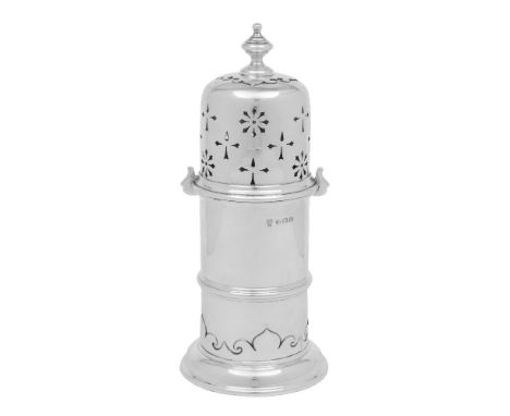 A George V silver sugar caster, maker Charles Boyton & Son Ltd, Birmingham, 1928: of cylindrical outline, the pierced turn of