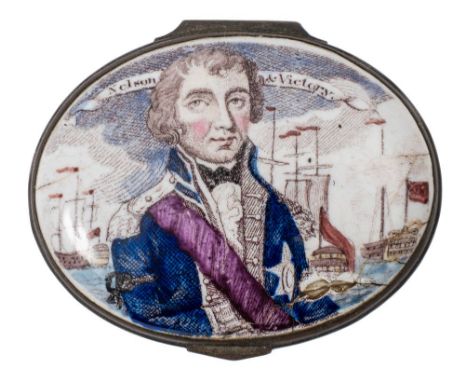 An early 19th century English enamel oval patch box 'Nelson &amp; Victory': painted and transfer printed with a half-length p