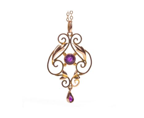 AMETHYST PENDANT, of openwork form, set with a round and a pear shaped amethyst, on a nine carat gold belcher chain, 3.7g