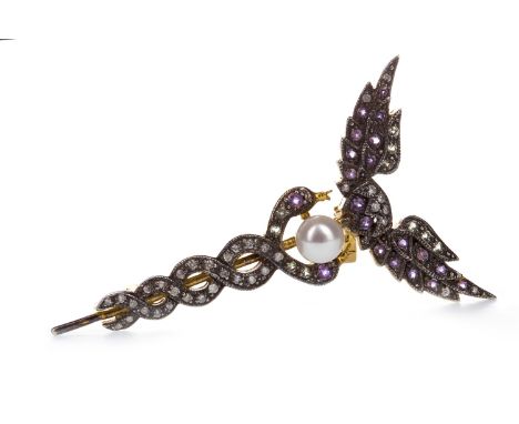 CADUCEUS AMETHYST AND DIAMOND BROOCH, set with round diamonds, amethysts and green gems, with central spherical pearl, 50mm h