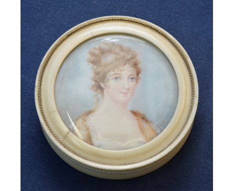 19th C circular ivory box with screw off lid inset with head and shoulder miniature portrait of a lady