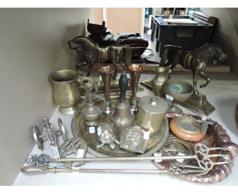 A selection of vintage brass wares including horse mantle decorations