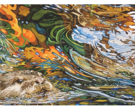 Two Limited Edition prints after Rhian Symes, Otter in Autumn and Otters Playing Up and Under, signed, 7in x 18.5in and 9in x