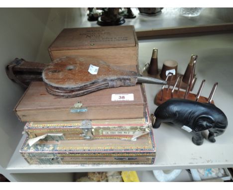A selection of vintage cigar boxes, ceramic elephant and cruet set by Wyncraft