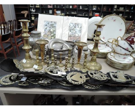A selection of vintage brass wares and similar including pewter tea caddy 