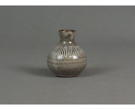 David Leach (British, 1911-2005)a miniature vase with white stripes against grey glaze, potters seal mark, 6cm high