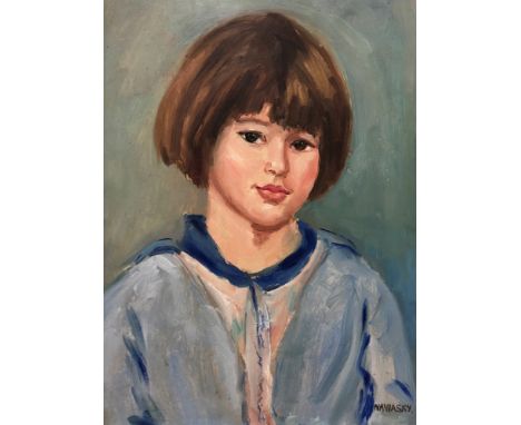 Philip Naviasky (1894-1983), portrait of a young girl, half length wearing a blue shirt, oil on board, 50 x 36cm