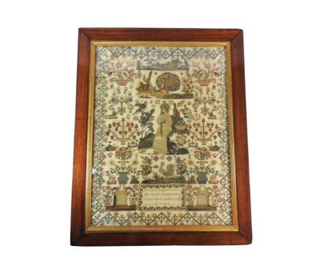 A coloured silkwork sampler by Francis Sophia Pymer, dated 1843, busily detailed with a young woman in a garden with trees, b