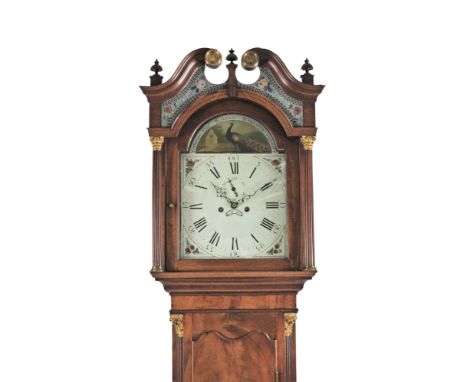 A George III mahogany longcase clock, the broken scroll swan neck pediment with acorn stamped brass roundels above a blue flo