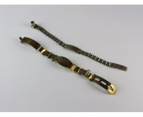 A nickel plated chain dog collar inscribed 'Quizz 100th Regiment', 26cm long and a brass chain dog collar inscribed 'Mrs. Mcl