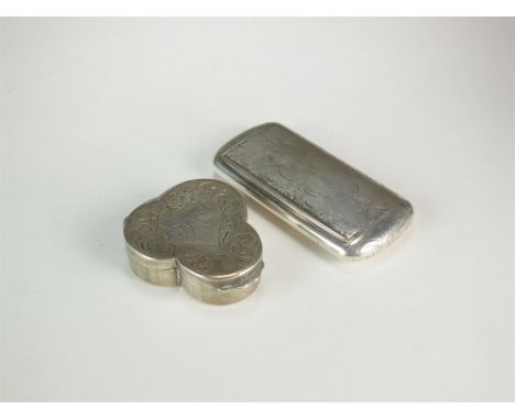 A silver pill box, S H, Birmingham 1901, of trefoil lobed form with bright cut engraved decoration, 4cm wide, together with a