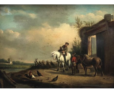 Follower of Philip Wouverman (1619-1668), Traveller at a farm gate, oil on panel, 23 x 30cm